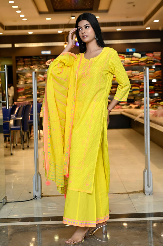 RAMA's Straight fit Yellow Color Embroidery kurta Set With Dupatta