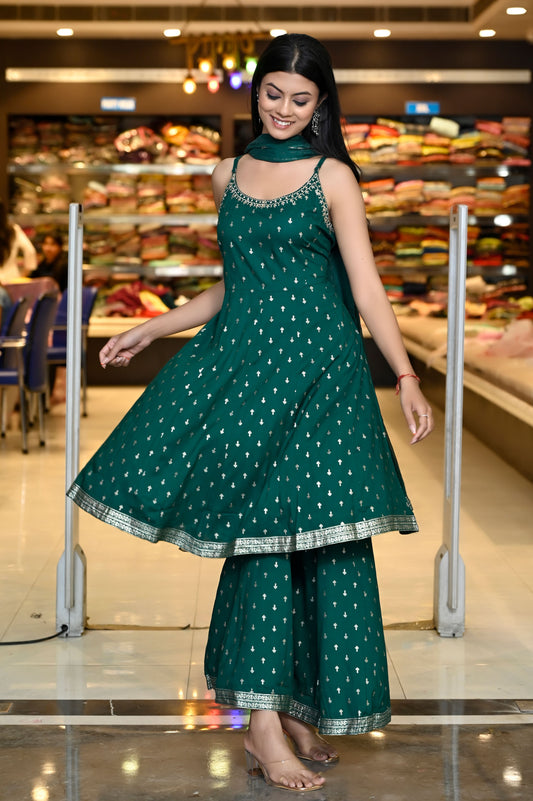 RAMA'S Bottle Green Strippe Dress With Gold Foil Print Rayon