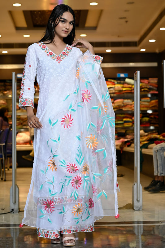 RAMA'S White Color Ethnic Wear Georgette Floral Embroidery Cotton 3 pcs Set