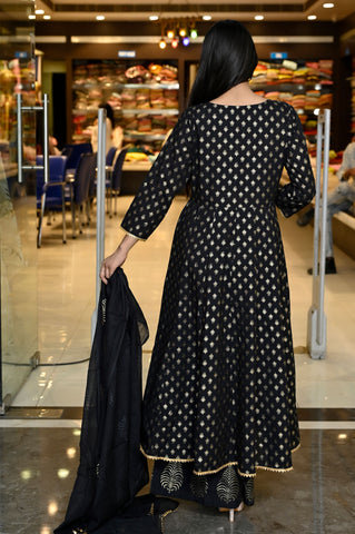 RAMA'S Black Color Cotton Embroidery Front Open Anarkali Set