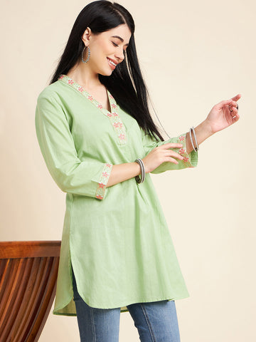 Women Floral Embroidered V-Neck Cotton Tunic