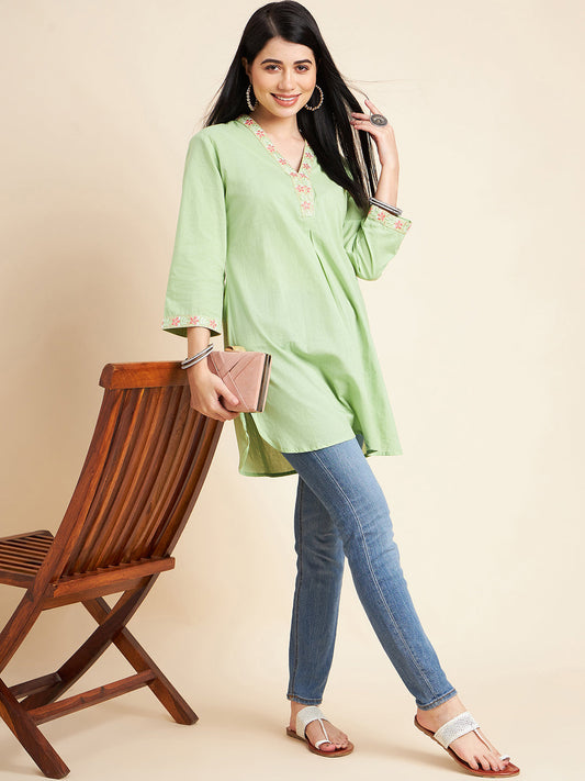 Women Floral Embroidered V-Neck Cotton Tunic