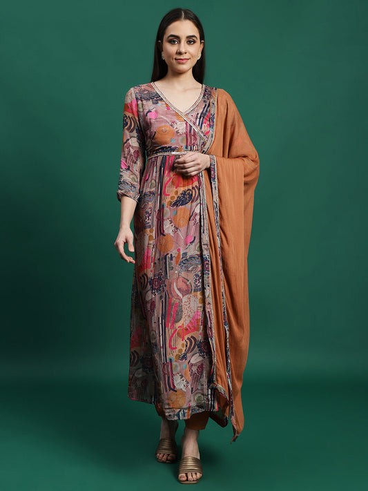Women Rust Color Embroidery Embellished Anarkali Kurta Pant With Dupatta set