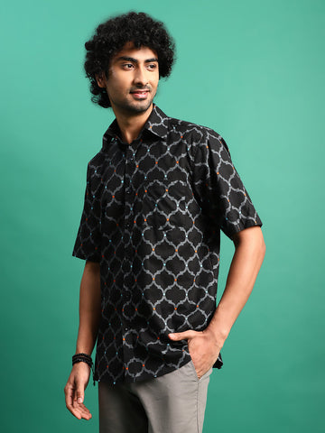 RAMA'S Men's Black Color Printed Shirt