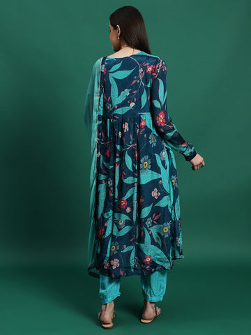 Women Blue Color Embroidery Printed Anarkali Kurta Pant With Dupatta set