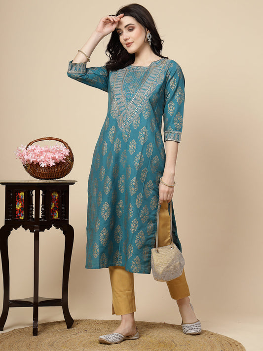RAMA'S Women Teal  Blue  Color Embroidery Staright kurta