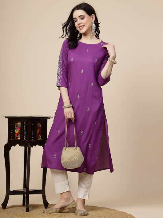 RAMA'S Women Purple Color Embroidery Staright kurta