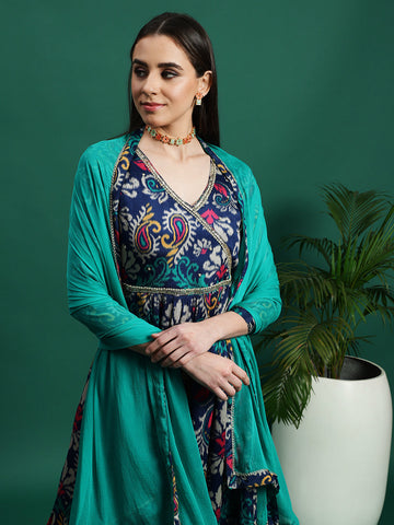 Women Blue Color Embroidery Embellished Anarkali Kurta Pant With Dupatta set