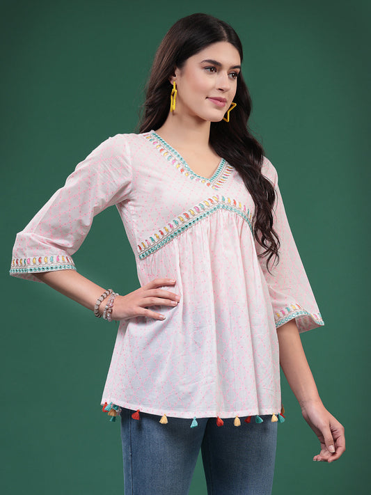 Women White Embroidery Printed Top