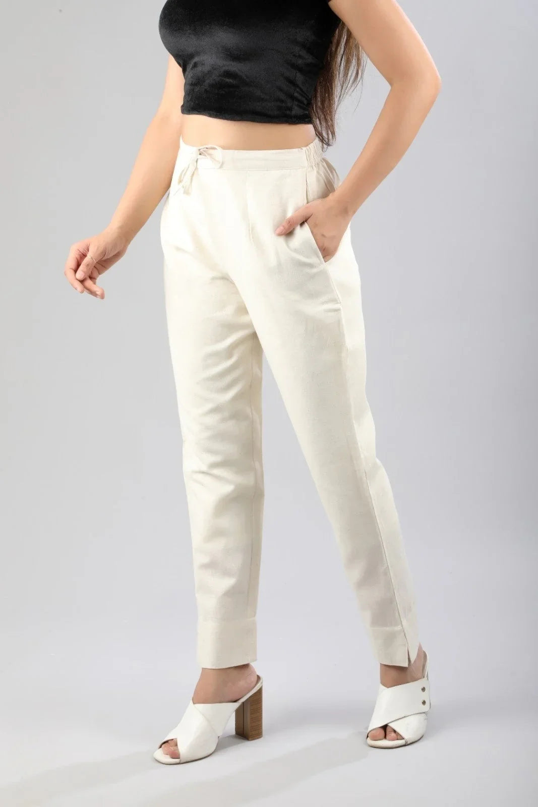Women White Regular Cotton Trousers