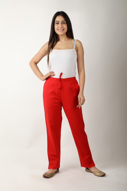 Women Red Regular Cotton Trousers