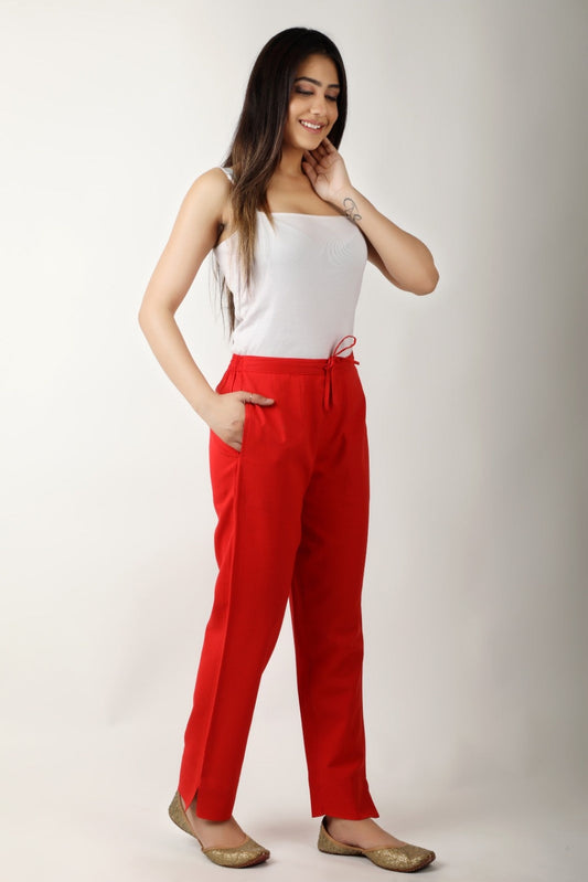 Women Red Regular Cotton Trousers