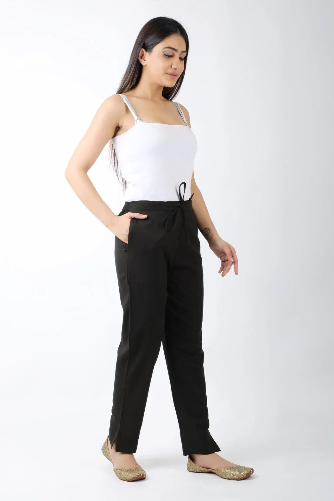 Women Solid Black Regular Cotton Trousers