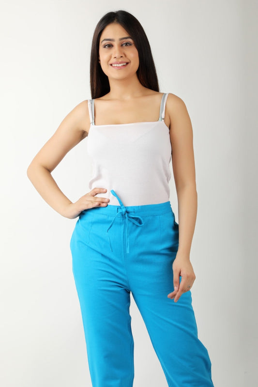 Women Solid Turquoise Blue Regular Cotton Trousers