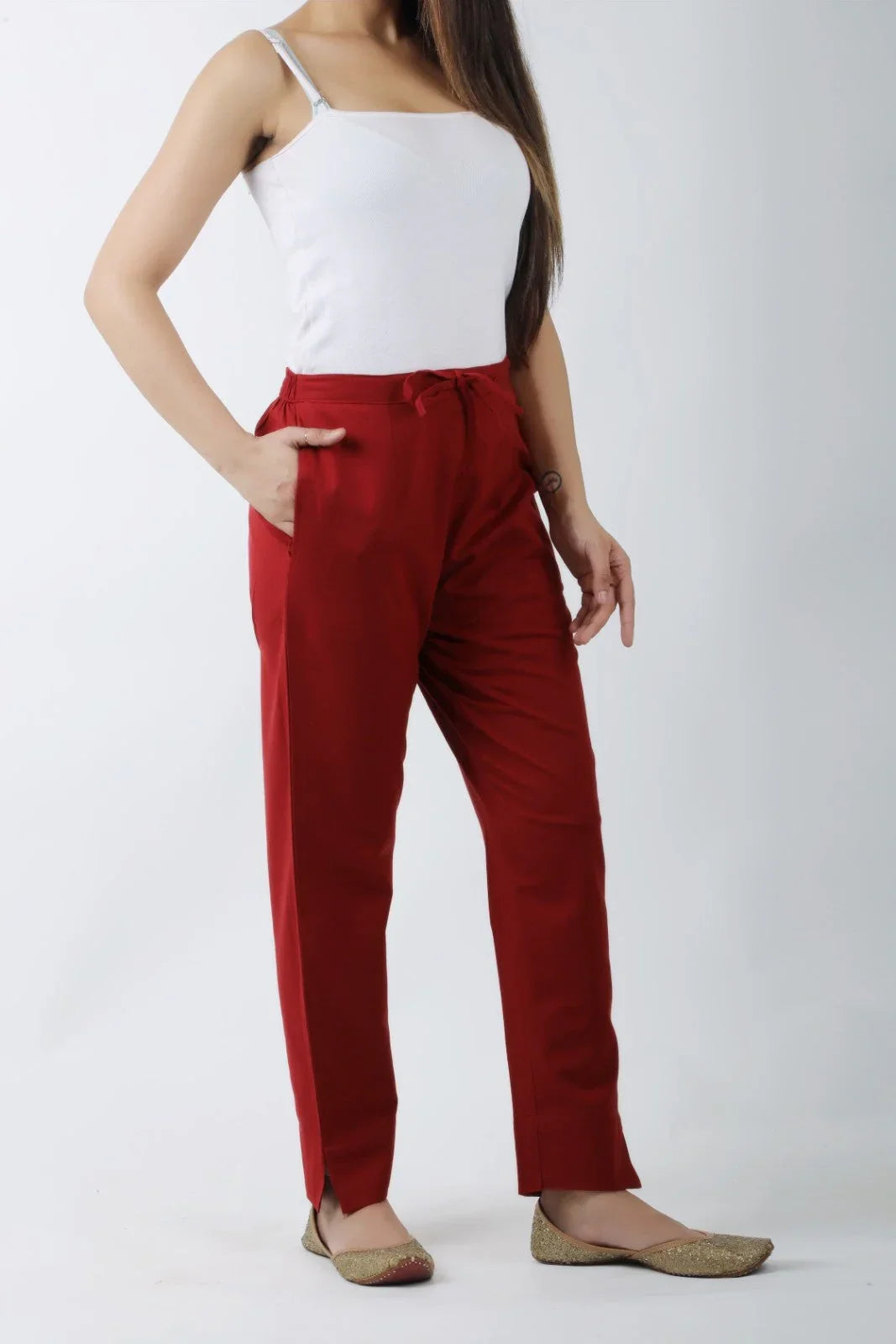 Women Meroon Regular Cotton Trousers