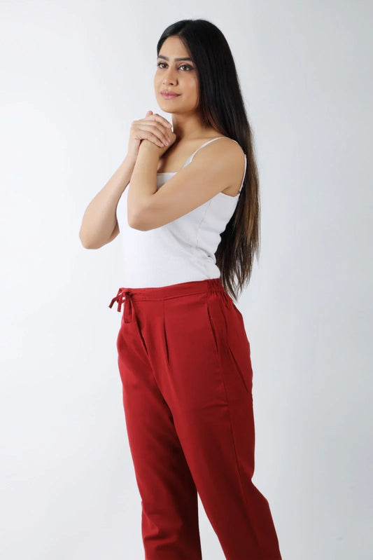 Women Meroon Regular Cotton Trousers