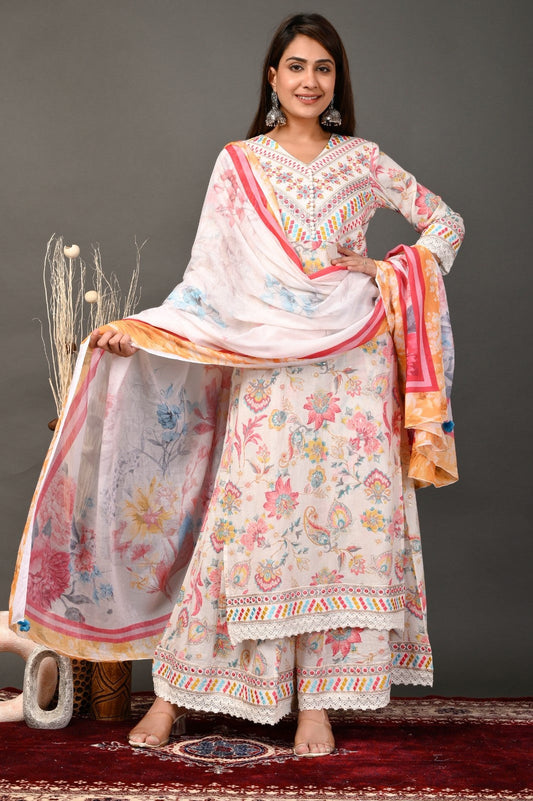 Elegant White Color  Women Flora Print With Embroidery Embellished Kurta Sharara Dupatta set