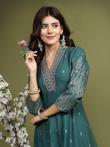 Women Green Color Embroidery Anarkali Kurta Pant Set