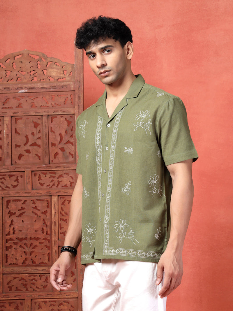 Men's Olive Green Color Embroidered Cotton Cubans Collar Shirt