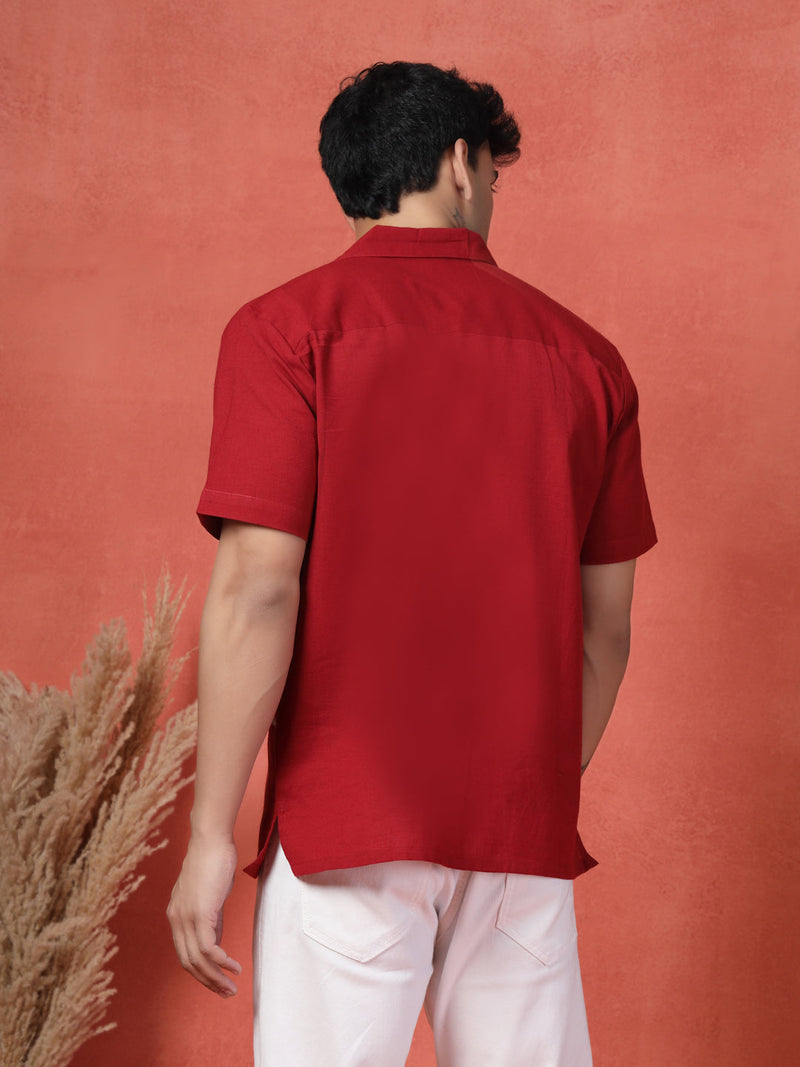 Men's Red Color Embroidered Cotton Cubans Collar Shirt