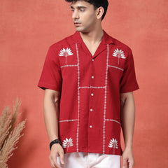 Men's Red Color Embroidered Cotton Cubans Collar Shirt