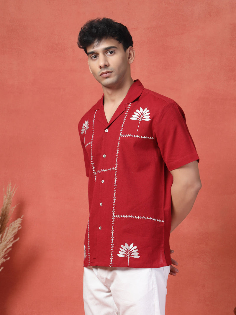 Men's Red Color Embroidered Cotton Cubans Collar Shirt