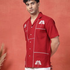 Men's Red Color Embroidered Cotton Cubans Collar Shirt