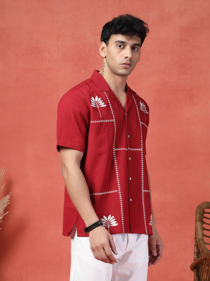 Men's Red Color Embroidered Cotton Cubans Collar Shirt
