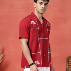 Men's Red Color Embroidered Cotton Cubans Collar Shirt