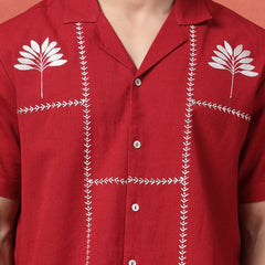 Men's Red Color Embroidered Cotton Cubans Collar Shirt