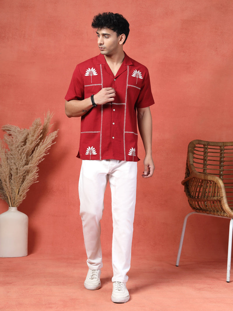Men's Red Color Embroidered Cotton Cubans Collar Shirt