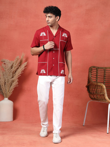Men's Red Color Embroidered Cotton Cubans Collar Shirt