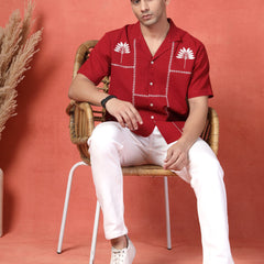 Men's Red Color Embroidered Cotton Cubans Collar Shirt
