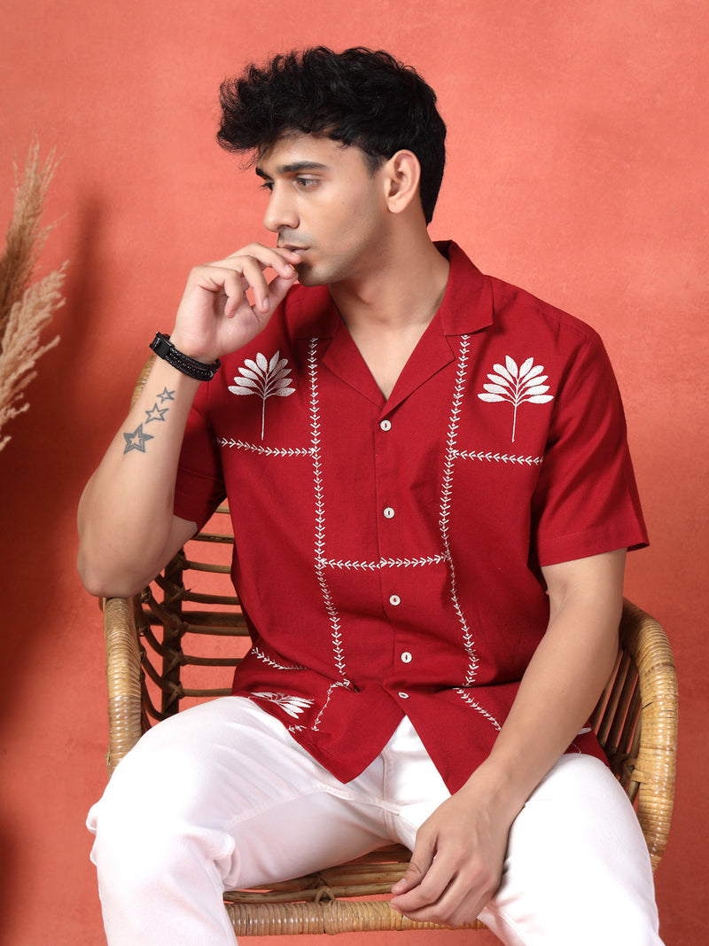 Men's Red Color Embroidered Cotton Cubans Collar Shirt