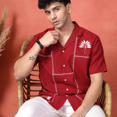 Men's Red Color Embroidered Cotton Cubans Collar Shirt