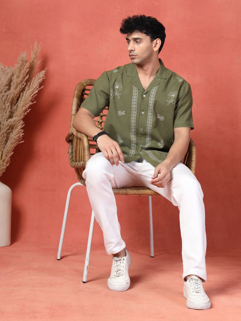 Men's Olive Green Color Embroidered Cotton Cubans Collar Shirt