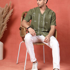 Men's Olive Green Color Embroidered Cotton Cubans Collar Shirt