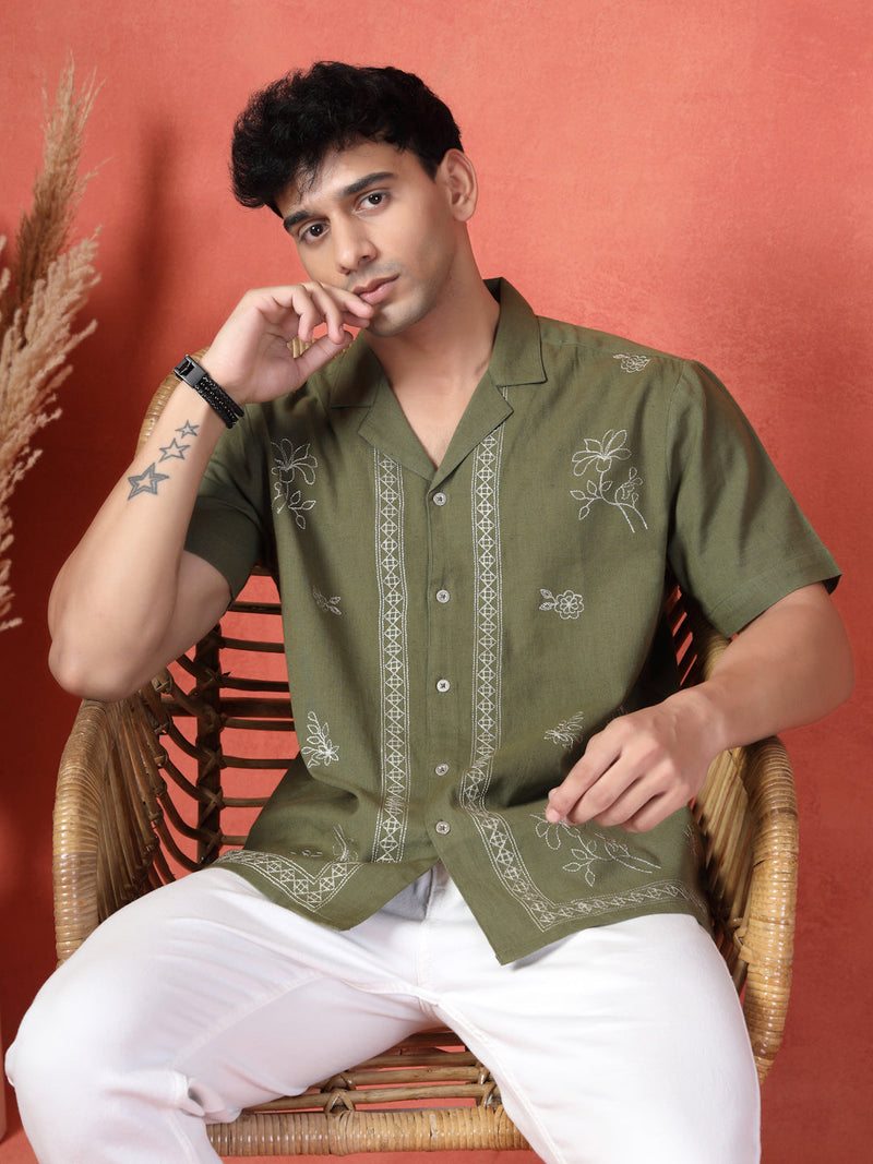Men's Olive Green Color Embroidered Cotton Cubans Collar Shirt