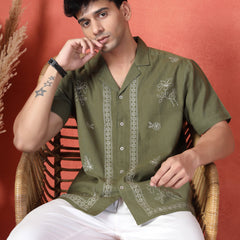Men's Olive Green Color Embroidered Cotton Cubans Collar Shirt