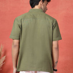 Men's Olive Green Color Embroidered Cotton Cubans Collar Shirt