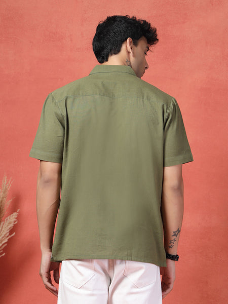 Men's Olive Green Color Embroidered Cotton Cubans Collar Shirt