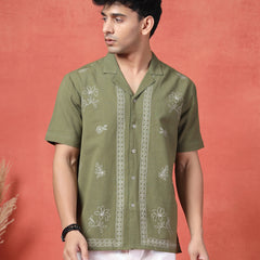 Men's Olive Green Color Embroidered Cotton Cubans Collar Shirt