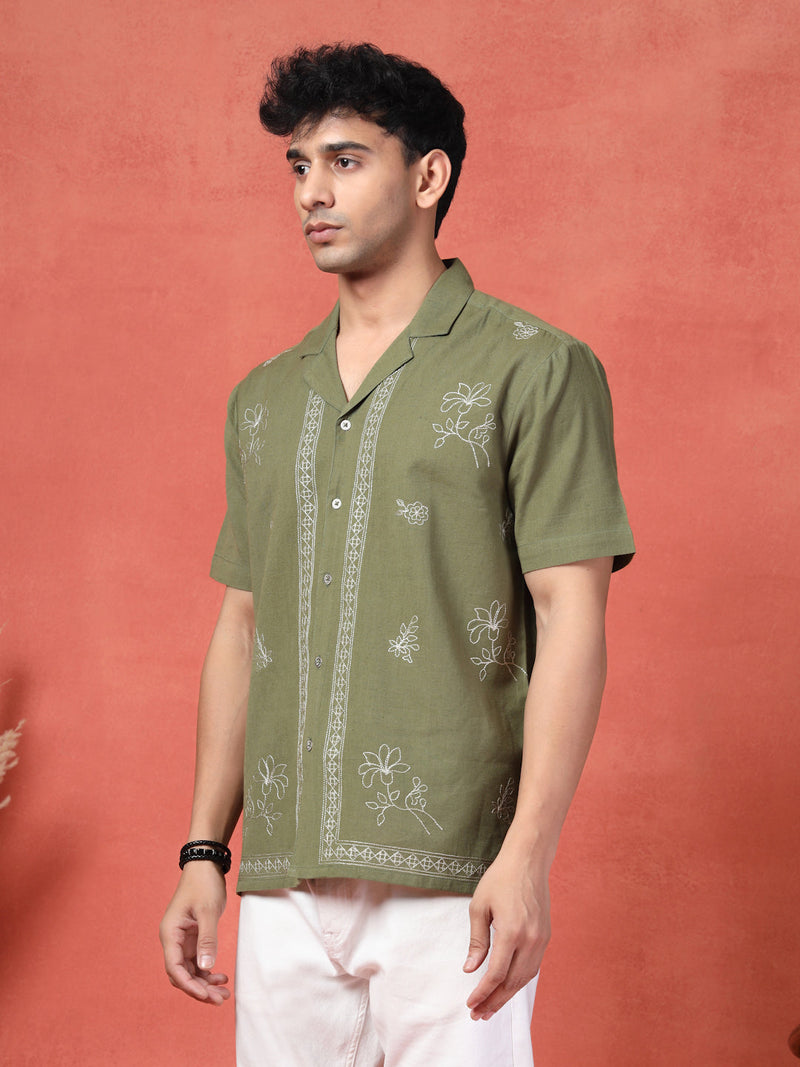 Men's Olive Green Color Embroidered Cotton Cubans Collar Shirt