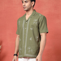 Men's Olive Green Color Embroidered Cotton Cubans Collar Shirt