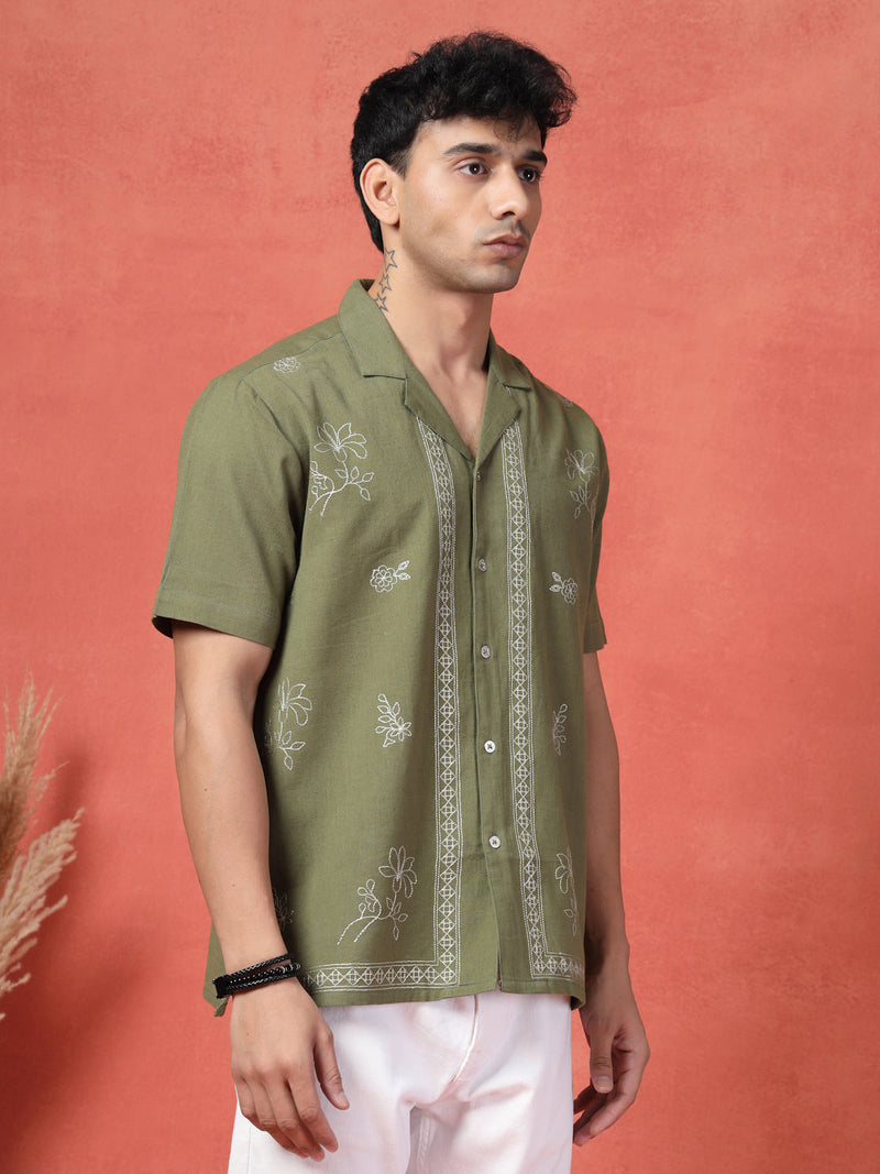 Men's Olive Green Color Embroidered Cotton Cubans Collar Shirt