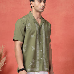 Men's Olive Green Color Embroidered Cotton Cubans Collar Shirt