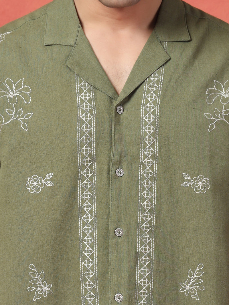 Men's Olive Green Color Embroidered Cotton Cubans Collar Shirt