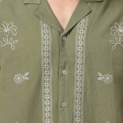 Men's Olive Green Color Embroidered Cotton Cubans Collar Shirt