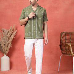 Men's Olive Green Color Embroidered Cotton Cubans Collar Shirt