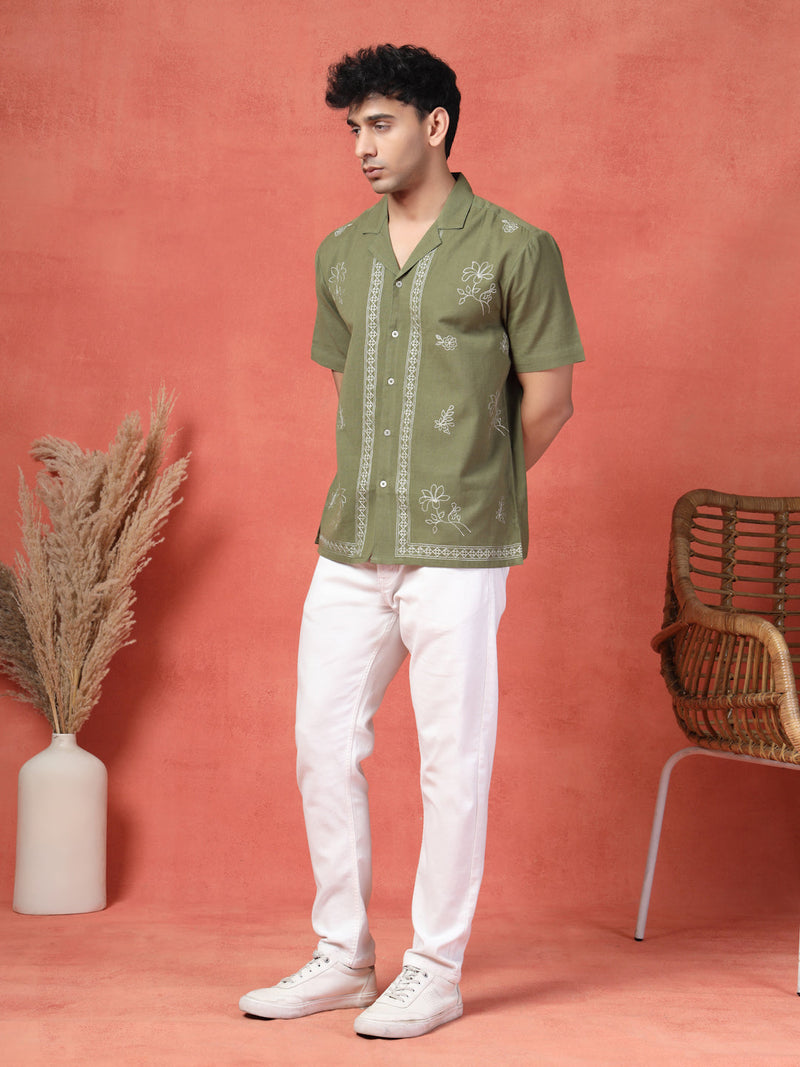 Men's Olive Green Color Embroidered Cotton Cubans Collar Shirt